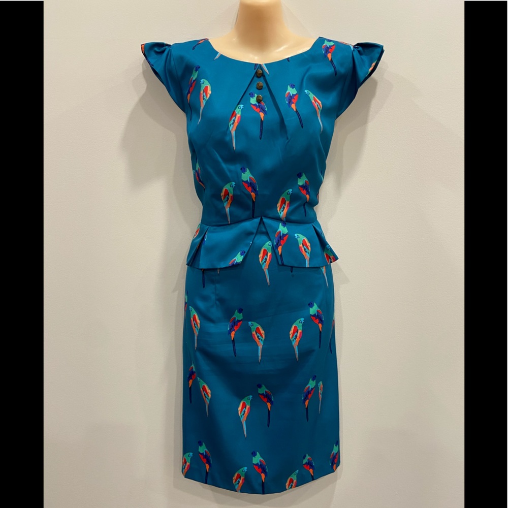 Hi There Blue Peplum Dress with Birds